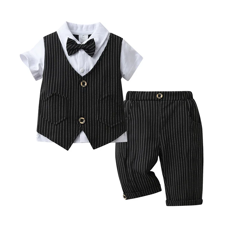 Children Kids Gentleman Clothing Suit Casual Boy's Sets Kid Casual Striped Short Sleeve Shirt+Shorts 2pcs Suits