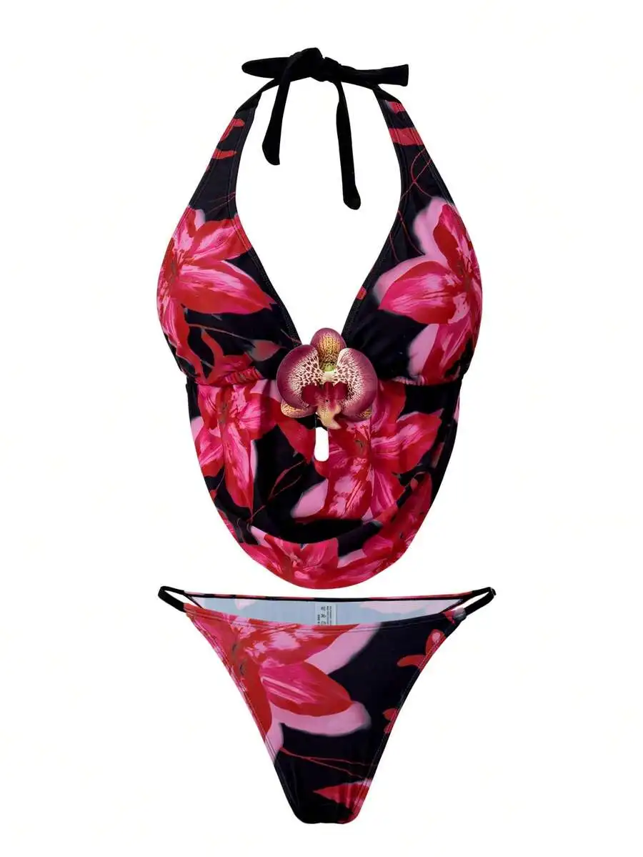 Floral Print Halter Neck Bikini Set With Orchid Decoration For Beach Vacation