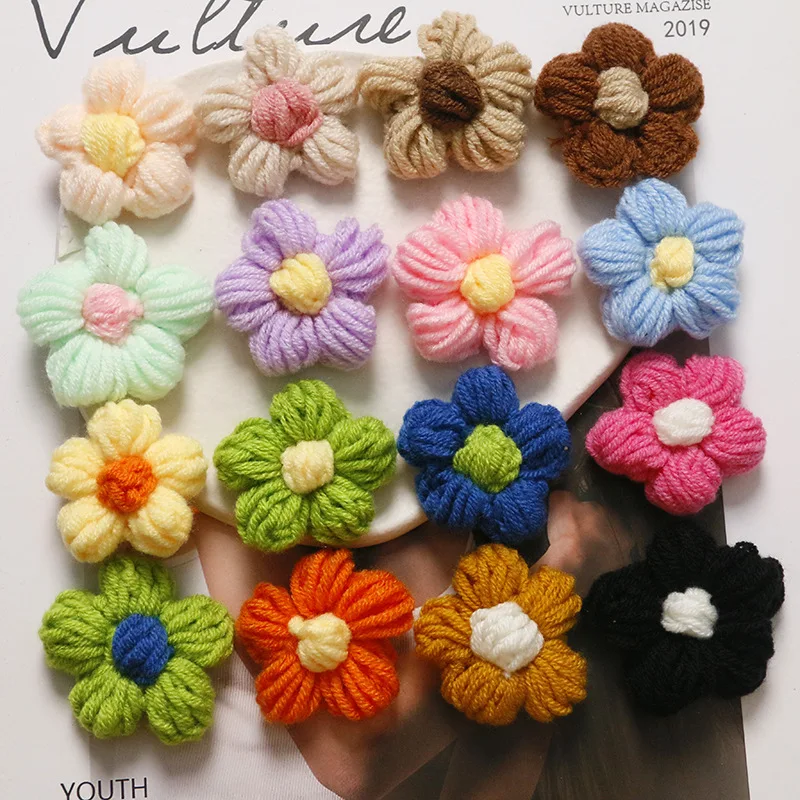 10Pcs Knitting Puff Flower Crochet Woven Accessories Sweet Applique Petals For Clothing Hair Clip Decoration DIY Crafts