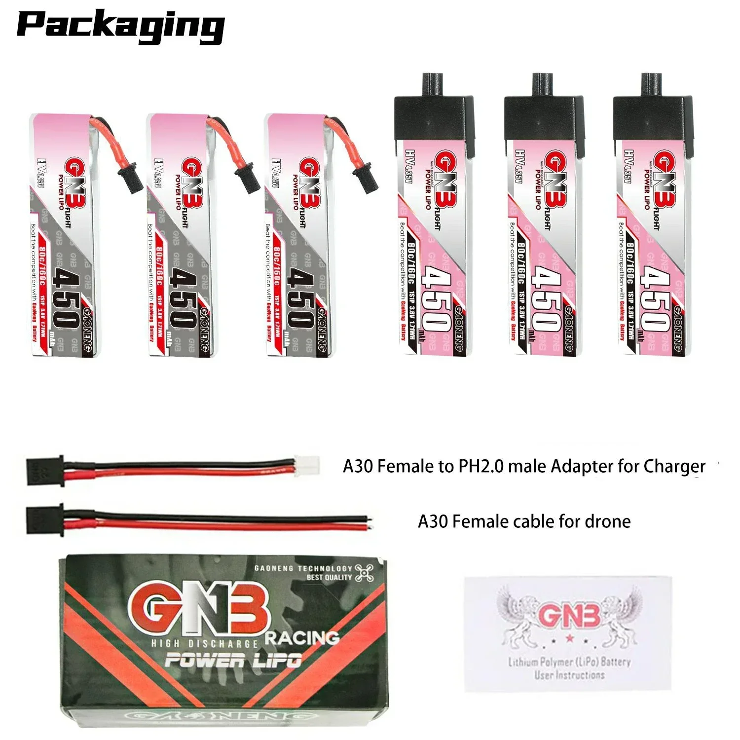 6PCS GNB 450mAh 1S 3.8V 80C HV 4.35V Lipo Battery With High Current A30 Plug For RC FPV Drone DIY Parts VS BETAFPV BT2.0