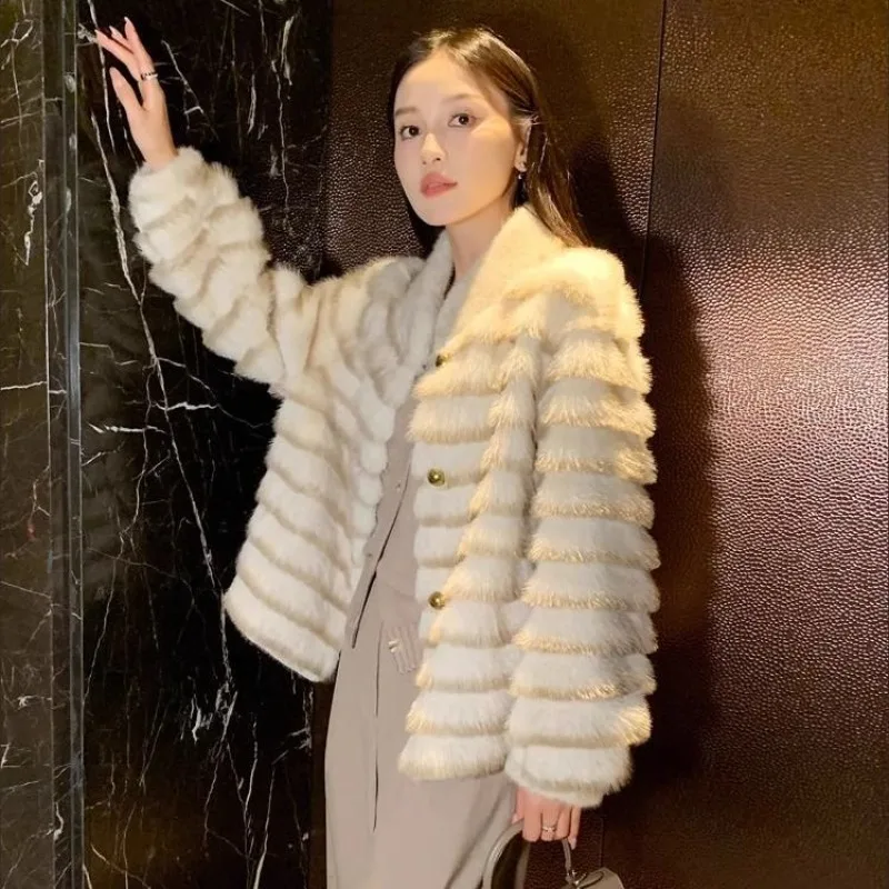 Mantel Bulu Imitasi Mink Ungu Ramah Lingkungan, Model Longgar Kerah Tegak untuk Musim Gugur dan Musim Dingin, Mantel Pendek Wanita dengan Sentuhan Mewah