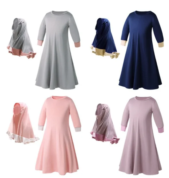 Muslim Children Girls 2 Pieces Prayer Dress Hijab Abaya Ramadan Sets Arab Kids Jilbab Headscarf Long Robe Islamic Chador Gown