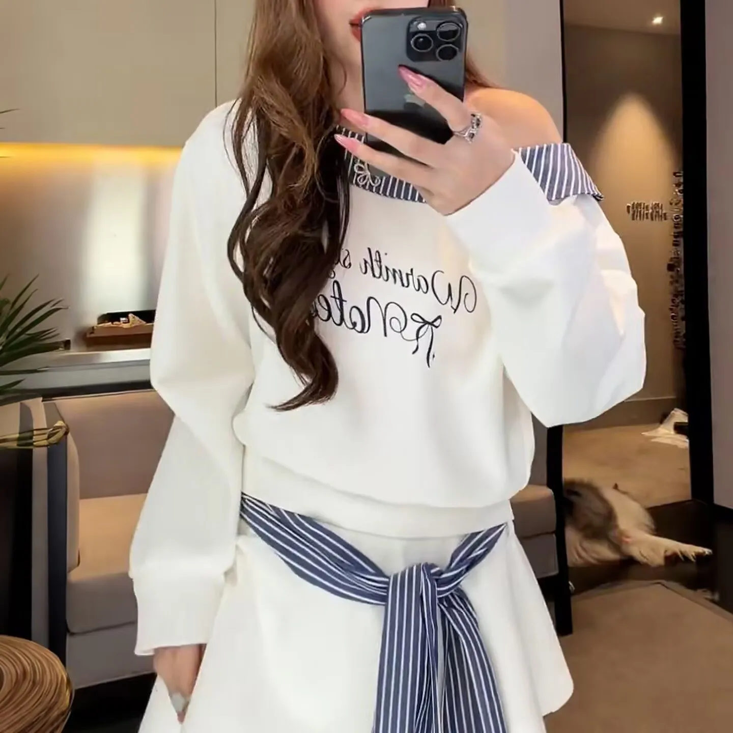 Fashionable Women's Cotton Mamba 280g Set Spring Autumn Striped Turn-down Collar Sleeveless Tie Two-piece Casual Sportswear