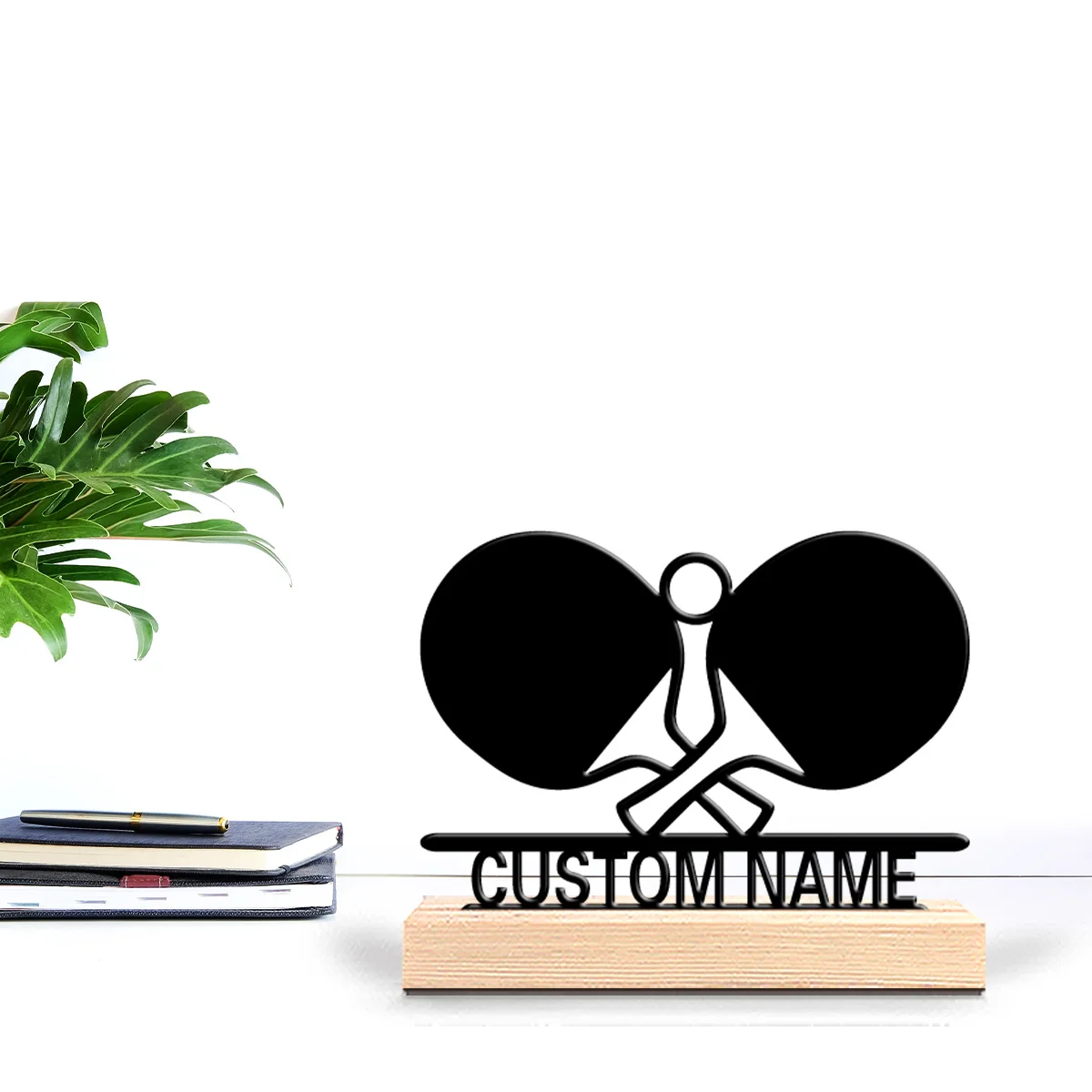 1pc Ping pong paddle Personalized Name Art Figurine With Wood Base Tin Ornament With Wood BaseFor Home Decor
