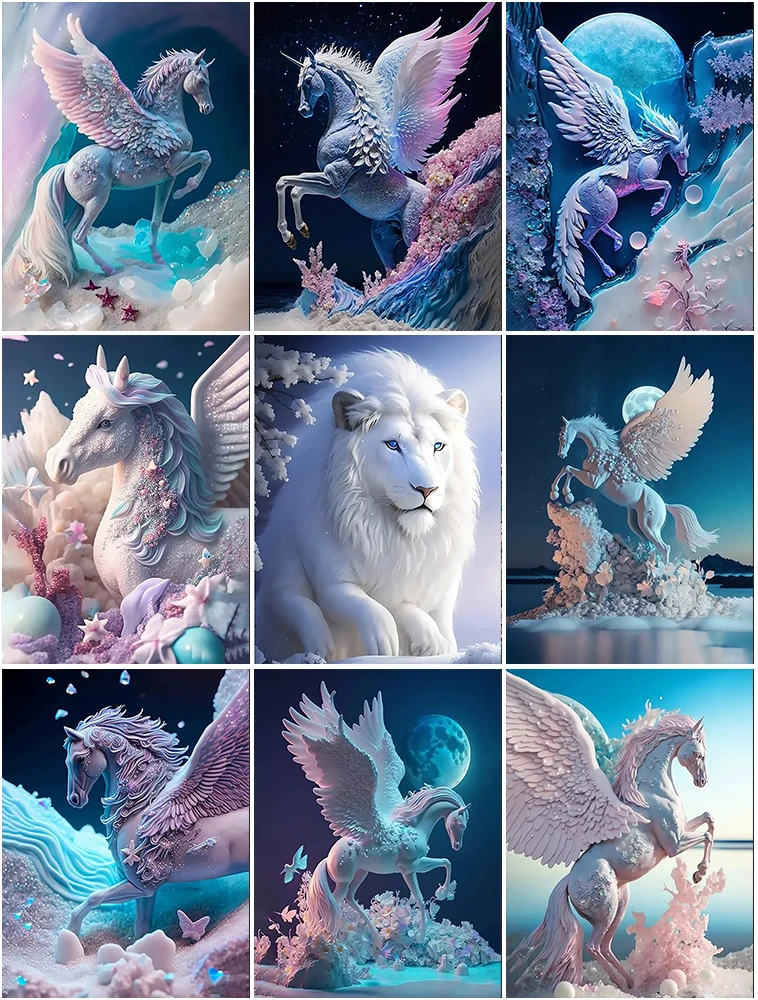 

Animal 5D Diamond Painting Art Pegasu and White Lion Diamond Painting Inlaid with Diamonds Embroidery Painting Home Decoration