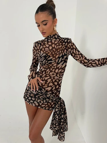 Imagen 2 del producto Fantoye-vestido Sexy de cuello alto con estampado de leopardo para mujer, minivestido de manga larga, ajustado, elegante, para fiesta y discoteca