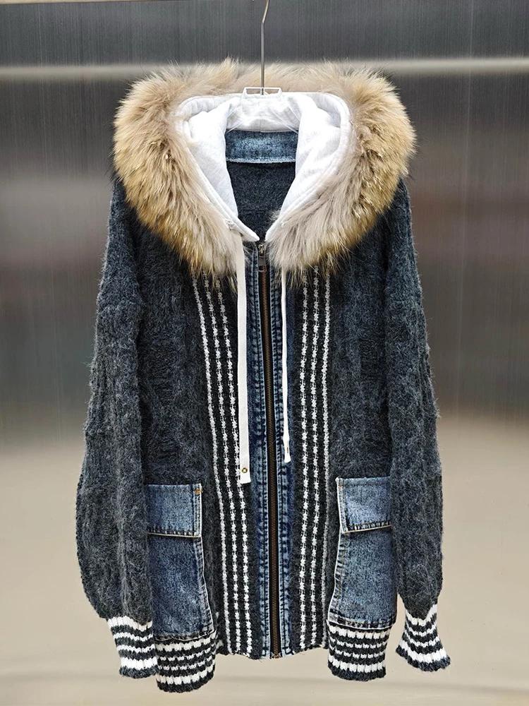 2025 Women Winter Luxury Real Raccoon Fur Collar Hoodie Knitting Thick Denim Cloth Joint Sweater Hooded Zipper Coat