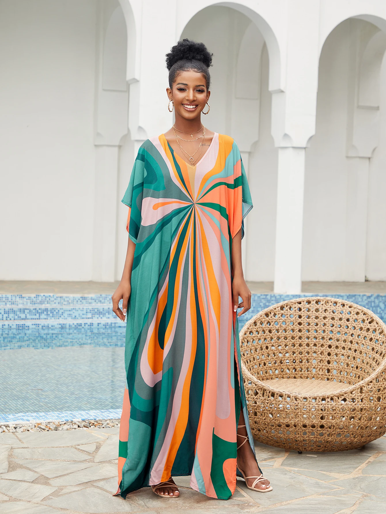 Multicolor Printed Fashionable V-neck Batwing Sleeve Kaftan Dress 2024 Woman Summer Lounge Around Oversized Maxi Dresses Q1546