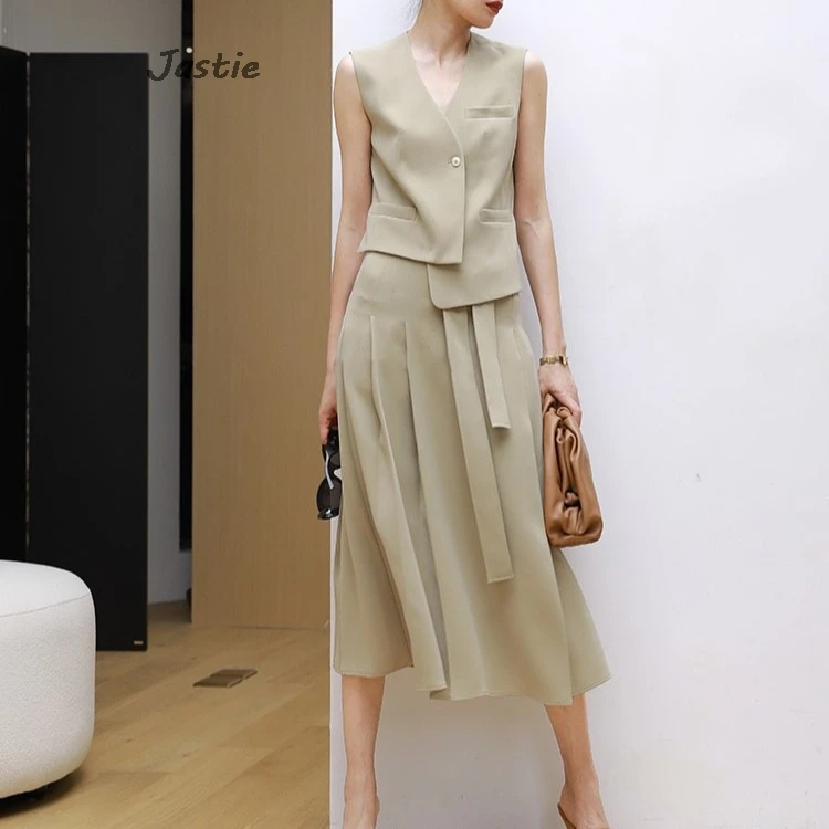 

Fashion Irregular Vest Midi Skirts Sets V Neck Tank High Waist Pleat Skirt Commuter Women Set Fashion Summer Dress Suit 2024