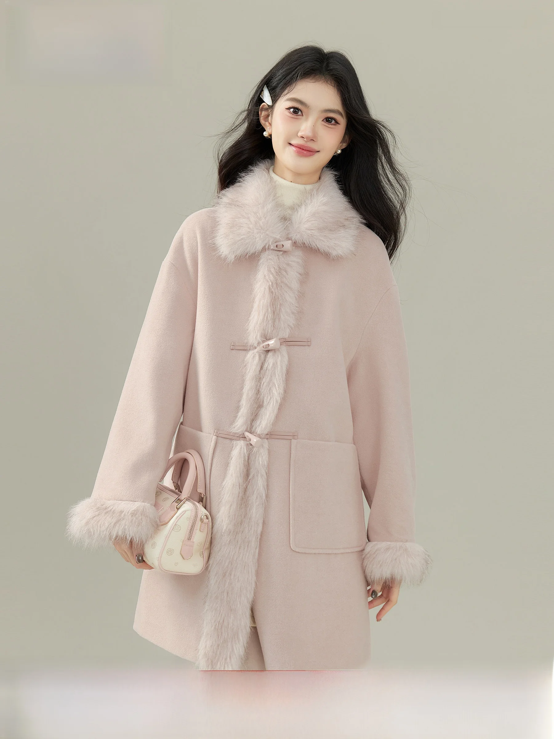 

Lingjiu ort Woolen Coat Women's Winter Faion Casual Sle Thiened Flap Button Design Fur Collar Jaet for Young And Mi...