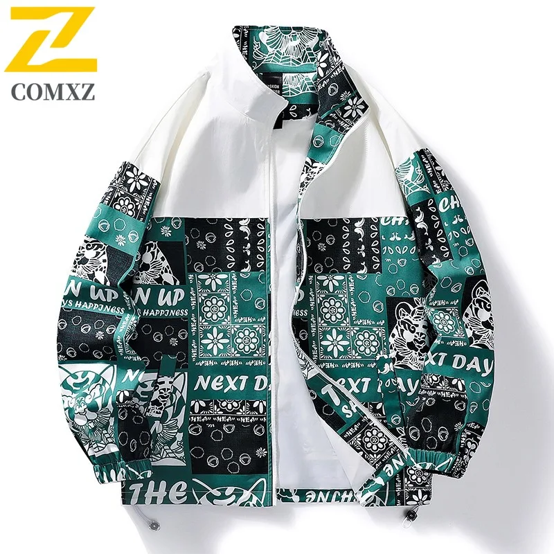

Куртка COMXZ 2024, осенняя мода, свободное дорожное пальто с цветочным принтом, мужское повседневное стильное пальто с воротником-стойкой, удобная модная повседневная верхняя одежда