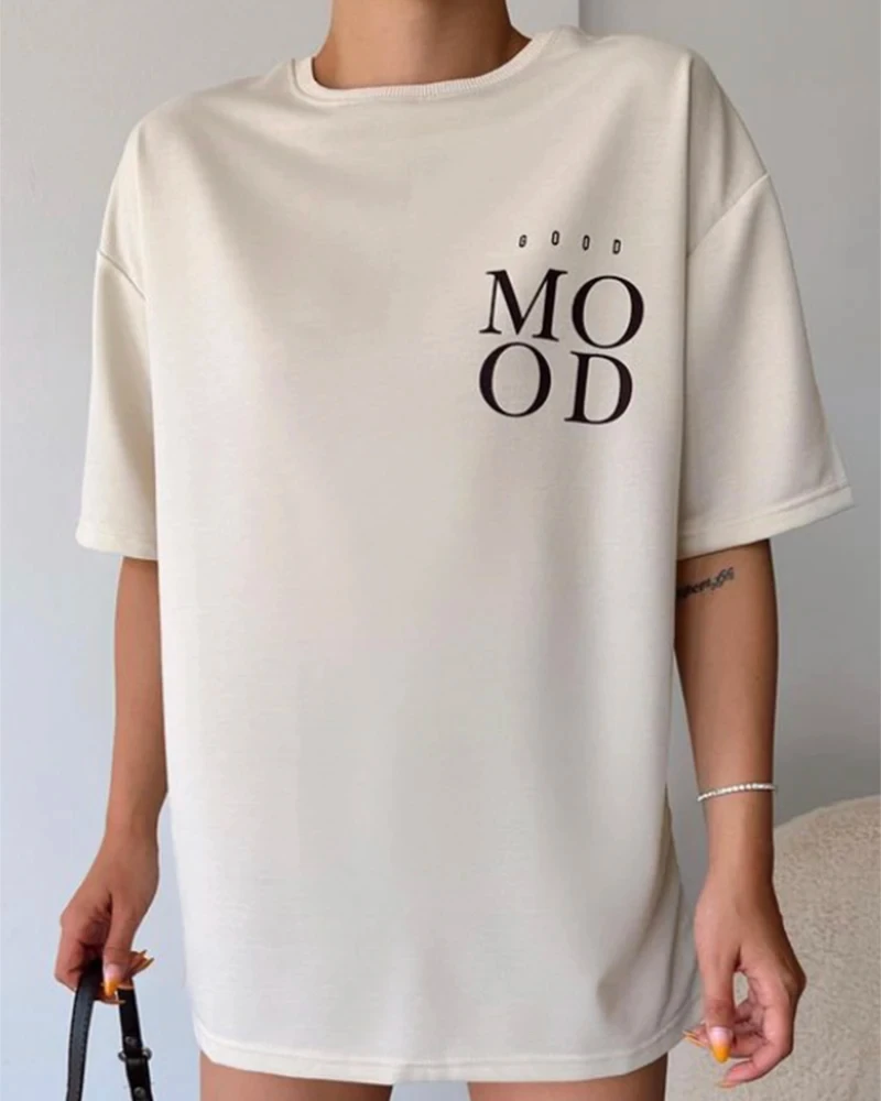 Hirsionsan Mood Letter Printed T-Shirt Women Soft Casual Loose Short Sleeve Summer Cotton Breathable Tshirt Holiday Y2k Tee