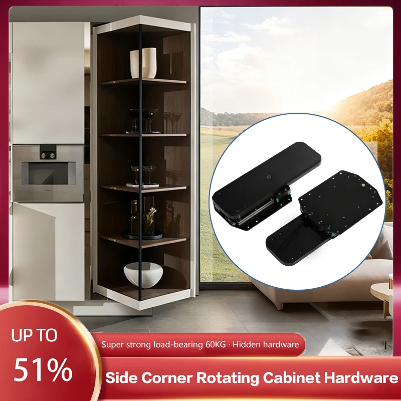 

Side Corner 180-Degree Revolving Cabinet For Concealed Storage And Display With Upper Lower Pivot Axle Hardware Accessories