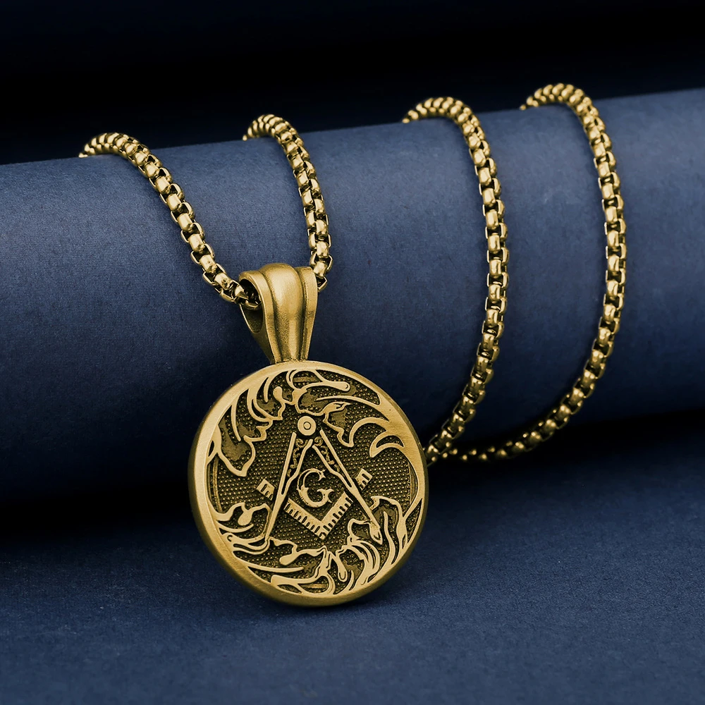 Men Vintage Masonic Square & Compass G Symbol Pendant Necklace Gold Plated Cuban Chain Necklace for Men Business Daily Wear