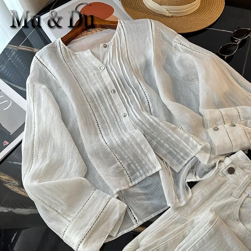 

Mu&Du 2023 Summer Women's Ramie Solid Shirt Chic Hollow Out O Neck Oversized Blouse Female Casual Versatility Blusas Tops Mujer