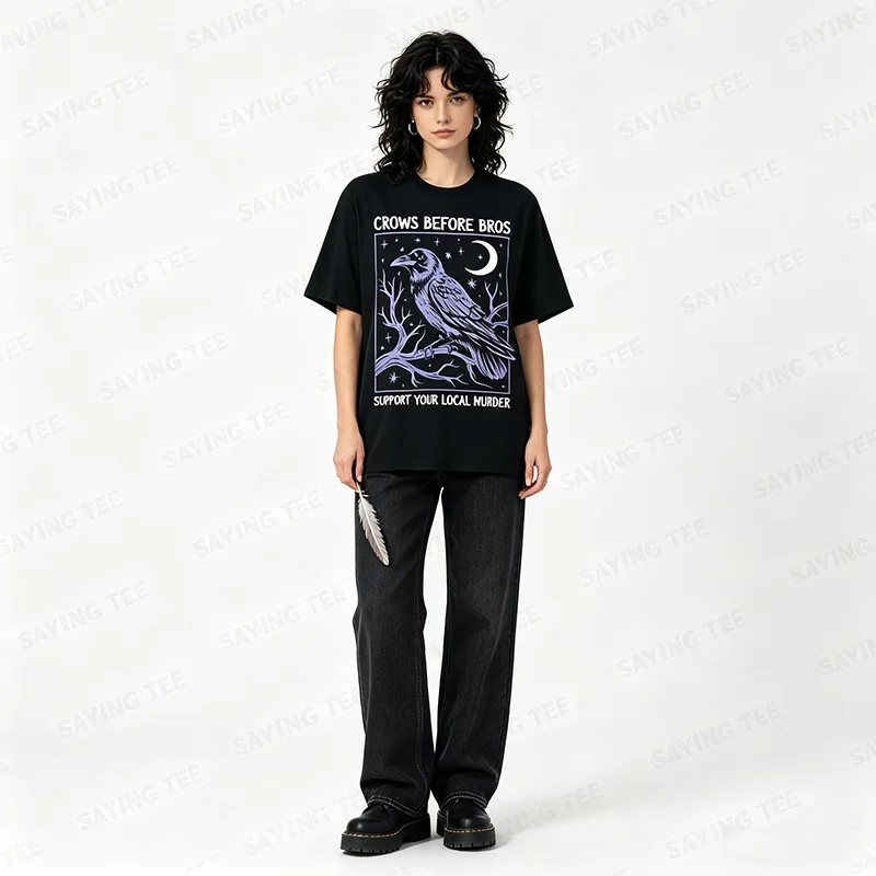 Crows Before Bros Support Your Local Murder Herren Damen T-Shirt Y2k Gothic Humorvolles Sarkastisches Witz-Spruch-T-Shirt Halloween-Kostüm – Detail 6