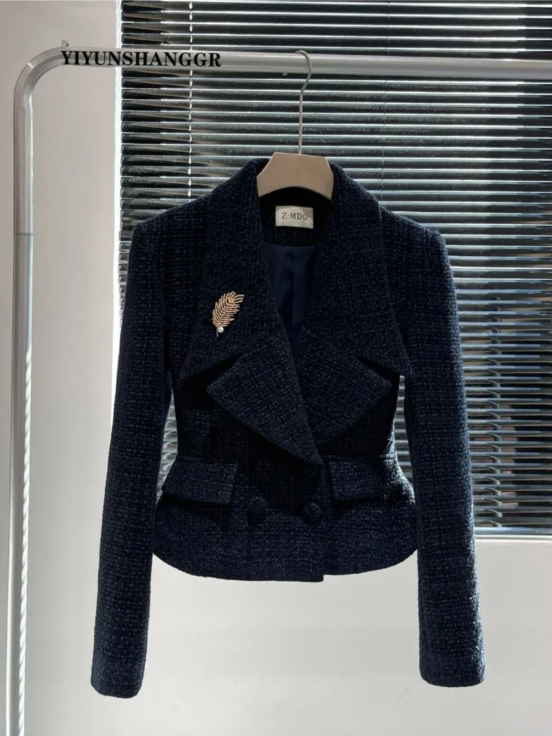 New Autumn Winter Tweed Women's Suit High End Elegant Lapel Long Sleeve Short Jacket + Split Slim Skirt Solid Color 2 Piece Set view 3
