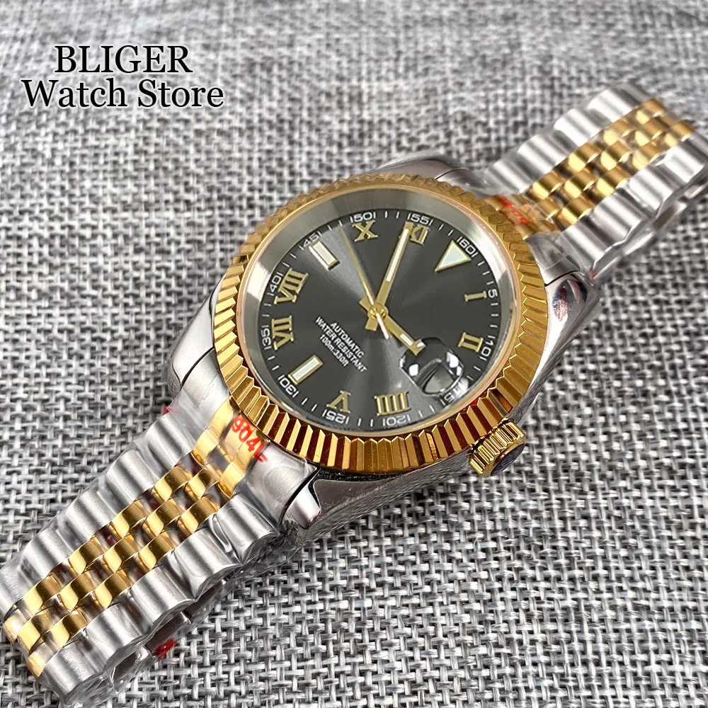 BLIGER 36mm 39mm NH35A Automatic Men Watch Two Tone Gold Roman Numbers Sunburst Grey Dial Jubilee Bracelet Sapphire Glass