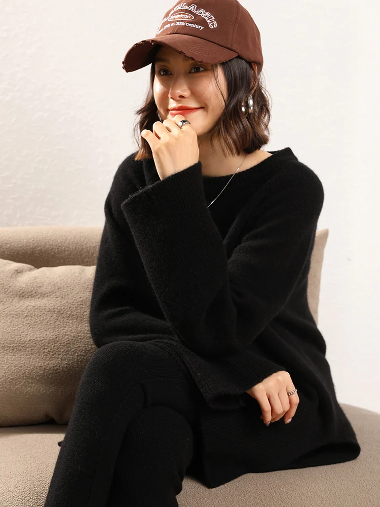 가을 겨울 캐주얼 루즈한 두꺼운 스웨터 그레이스 레트로 100% 캐시미어 니트 풀오버 솔리드 컬러 기본 사이드 스플릿 오피스 레이디