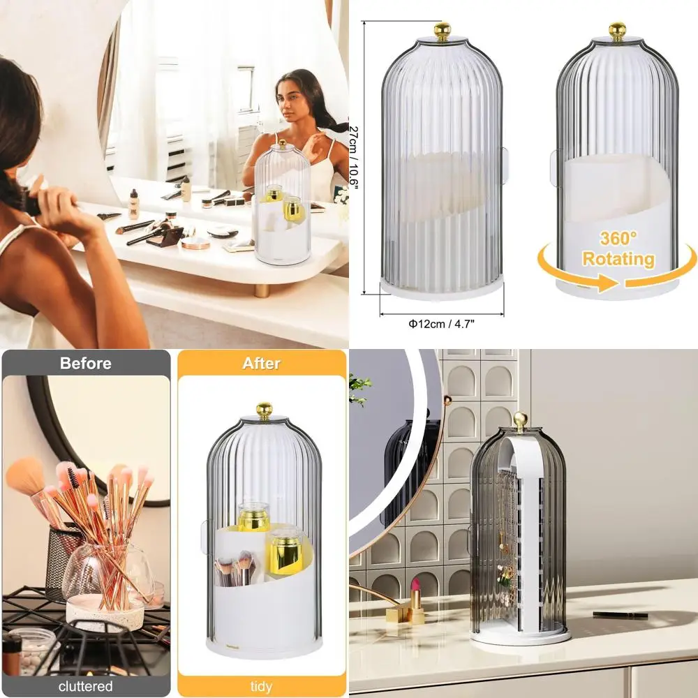 

360° Rotating White Makeup Brush Holder with Clear Lid, Dustproof Cosmetic Storage for Vanity and Bathroom
