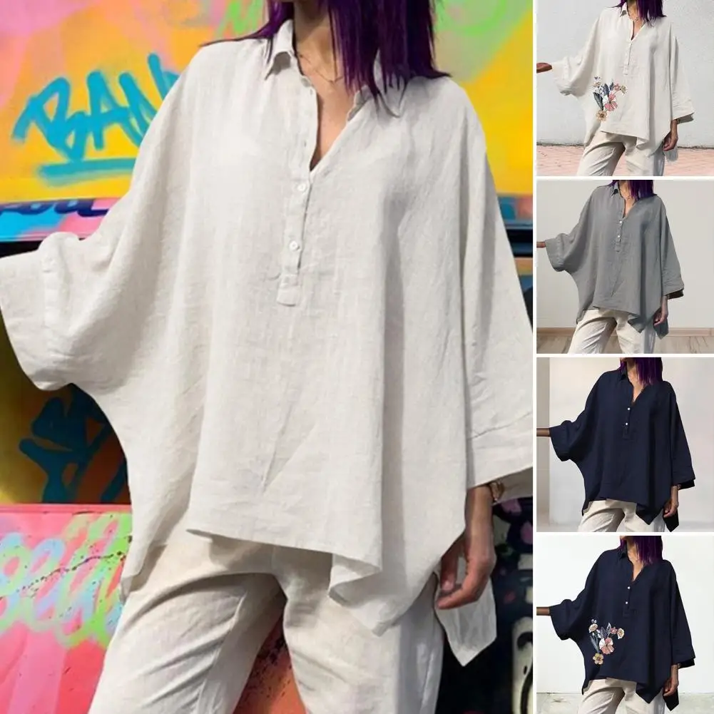 Women Spring Top Oversized Solid Color Irregular Hem Lady Shirt Match Pants Button Batwing Sleeves Summer Blouse Women Clothes