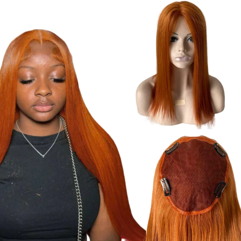 

Mongolian Virgin Human Hair Replacement 130% Desinty 16inch 5.5x6 Orange Color Stright Hair Full Silk Base Topper for Women