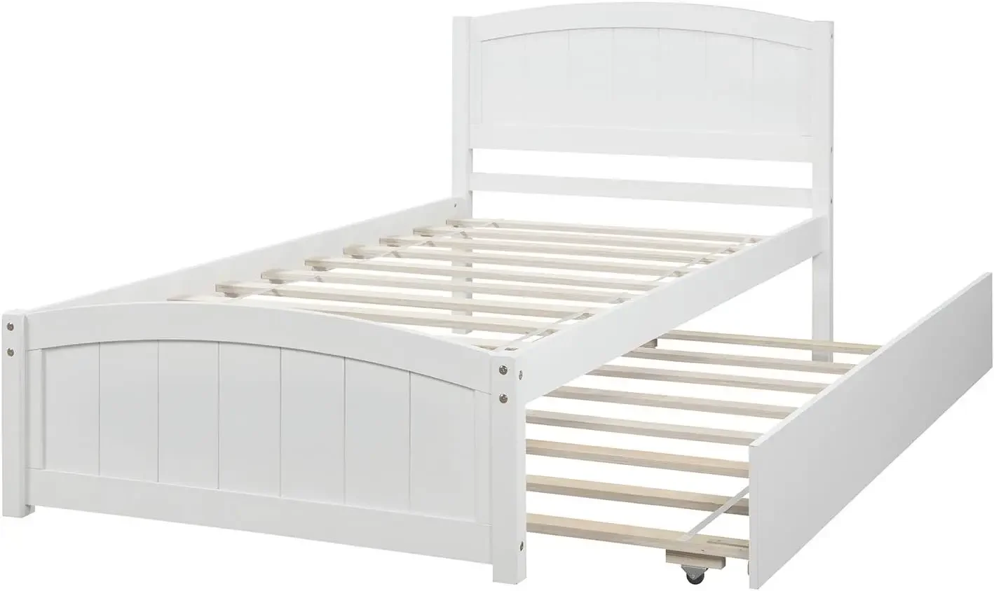 Platform Bed Frame with Trundle for 2 Kids, High Headboard, No Box Spring Need(White)