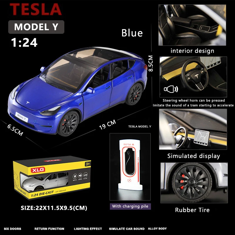 1:24 Simulation Tesla Y Alloy Car Model Sound And Light Pull Back Toy Car New Energy Electric Car Boy Collection Decoration Gift