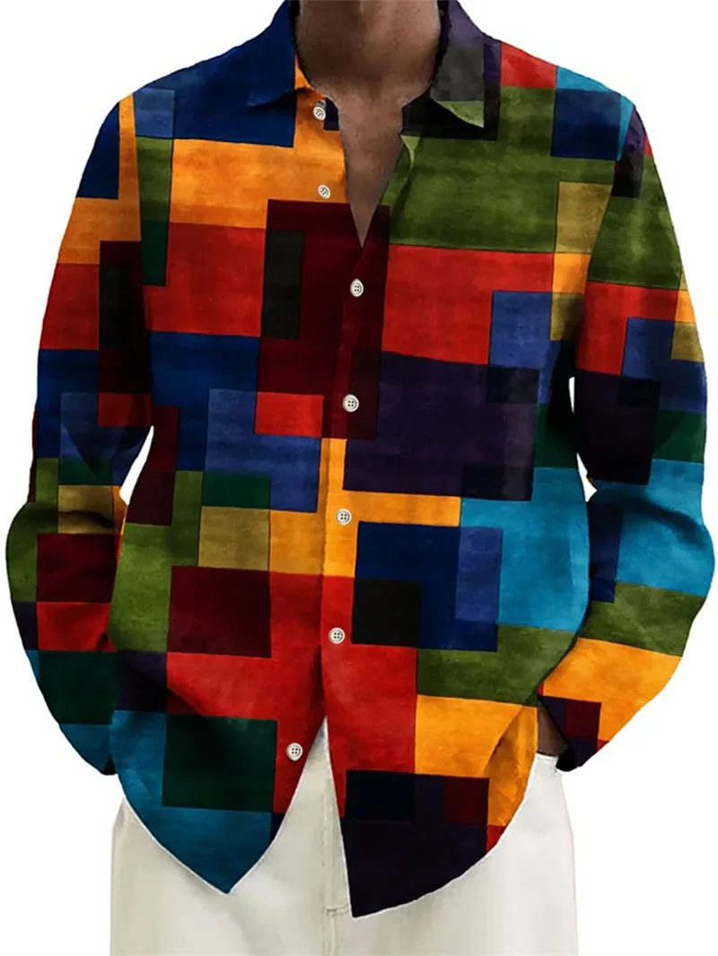 Fashion Block splicing pattern 3d Print Men Long Sleeve Shirts Art Shirt Autumn Casual Single-Breasted Blouse Men's Clothing