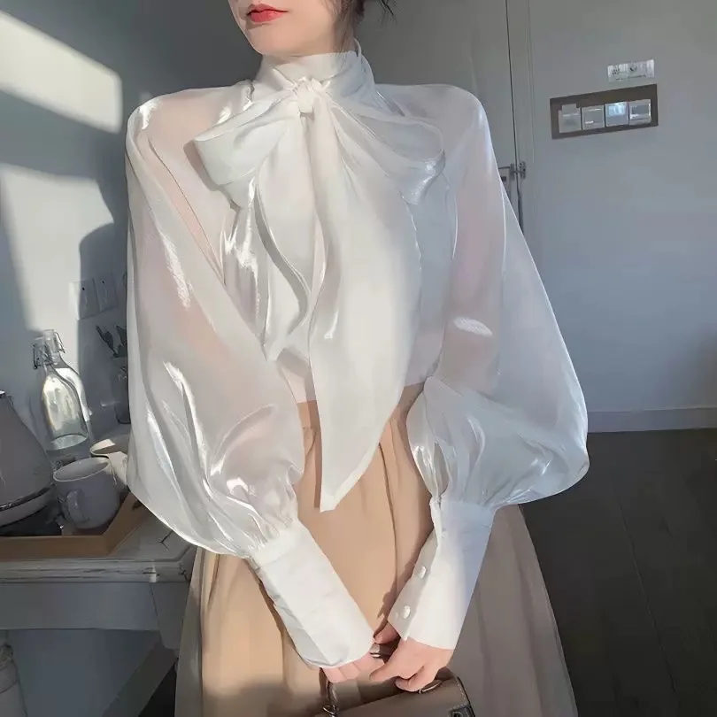 Holographic Fairy Bright Elegant Women Tops Loose Long Lantern Sleeve Shirts Bow Summer Autumn Senior Blouse French Romantic Top