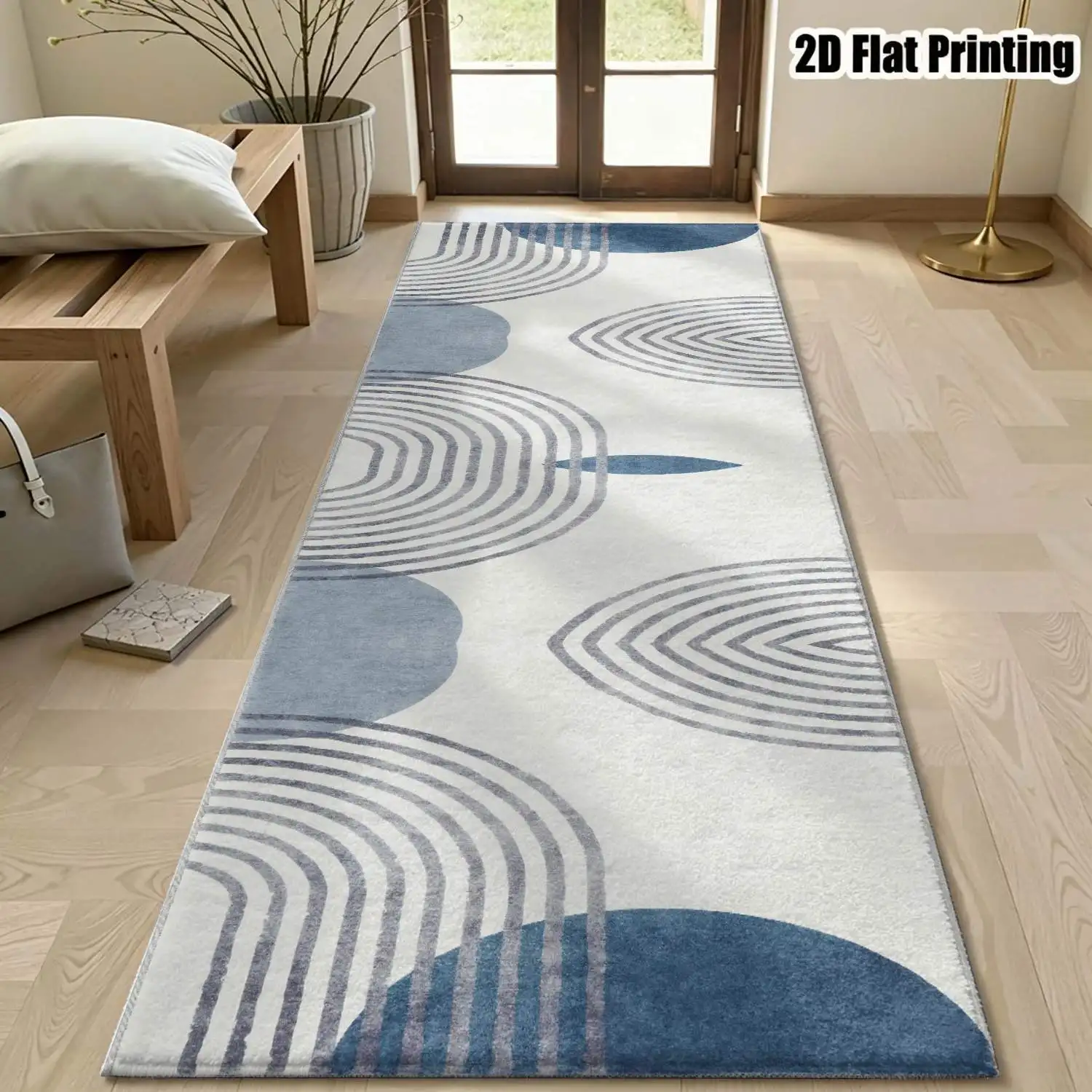 1Pc 2D Printed Long Strip Runner Carpet: Blue-Grey Geometric Line Pattern, Modern Minimalist/Nordic/Instagram Style, Machine Washable, Multi-Size, Home Decor for Entrance, Corridor, Living Room, Bedroom