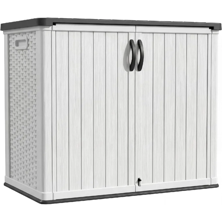Outdoor storage cabinet for patio/garden use, made of UV-resistant ft plastic, gray color, lockable and waterproof horizontal d