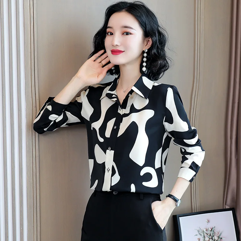 

Retro European American Style Printed Cotton Chiffon Long Sleeve Blouse High-End Spring Autumn Thin Fashionable Shirt