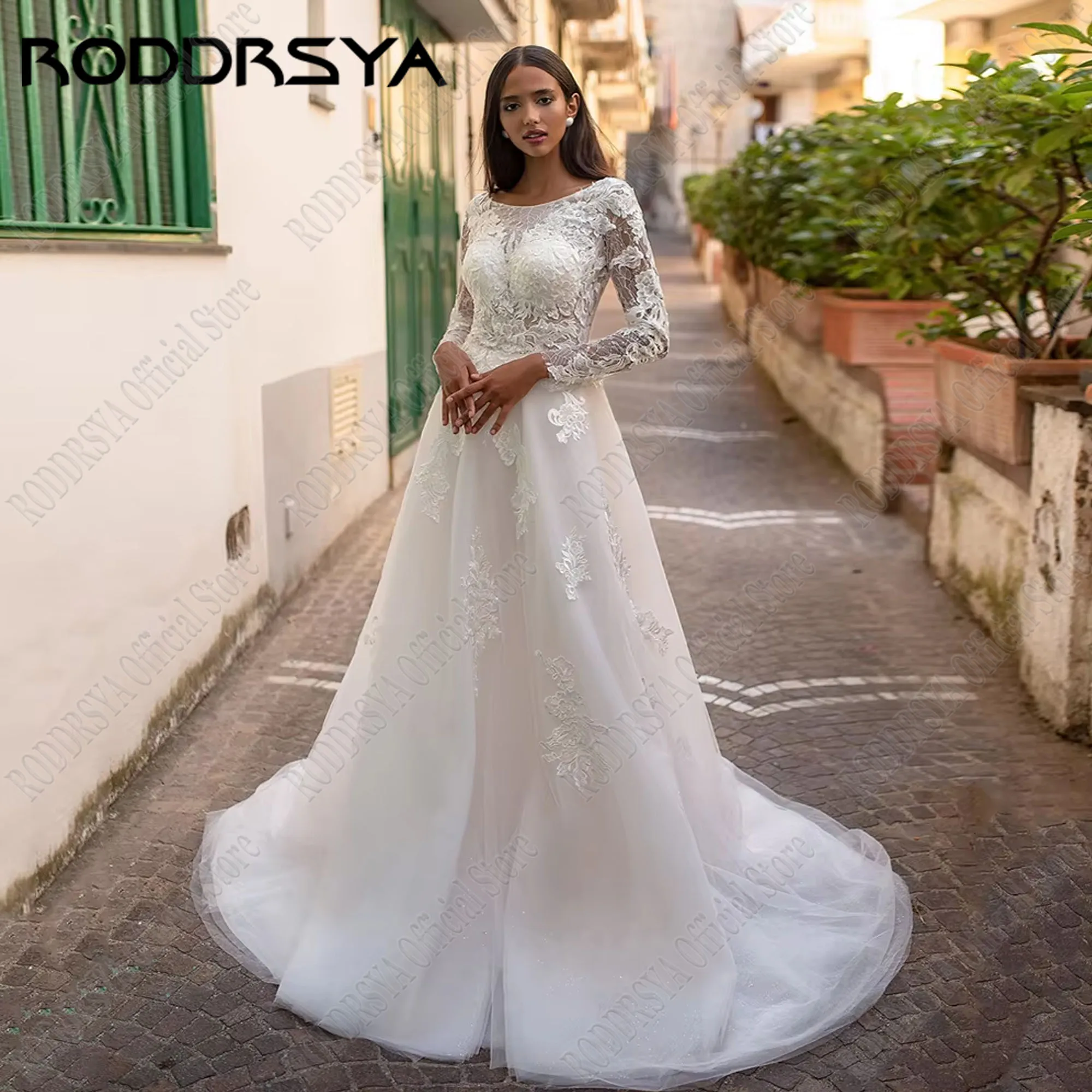 RODDRSYA فساتين زفاف مكشوفة الظهر للعروس فاخرة أكمام طويلة Vestidos De Novia دانتيل زين فساتين زفاف للنساء قطار الاجتياحRoddRSYA العروس ثوب الزفاف الفاخرة طويلة الأكمام سترة دي نوفيا الدانتيل الشارات فستان الزفاف السيد