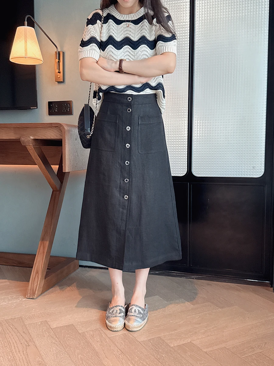 

Летняя свободная льняная юбка А-силуэта с одной пуговицей, однотонная, простая, с высокой талией, женская, весенняя мода, женские юбки