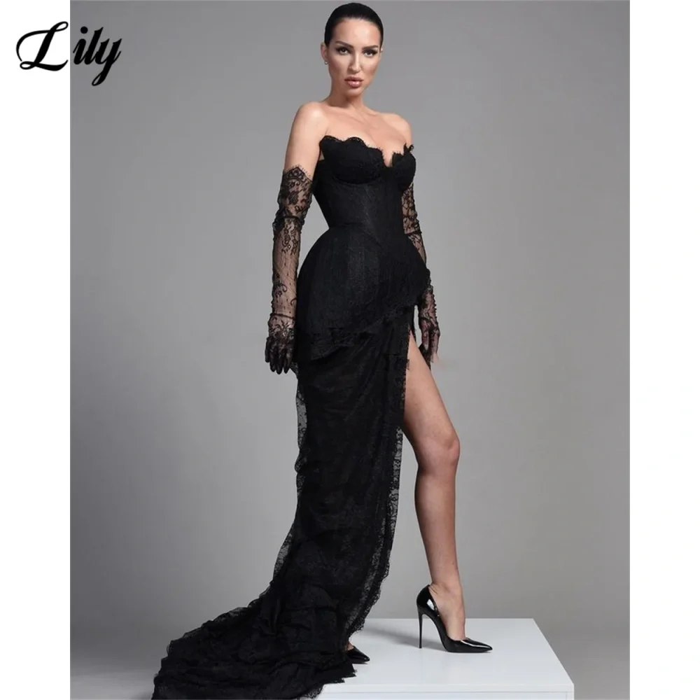 Lily Black Sexy Off-Shoulder Formal Dress for Woman Sweetheart Side Split Prom Gown with Back Strap Embroidery Lace Ball Gown