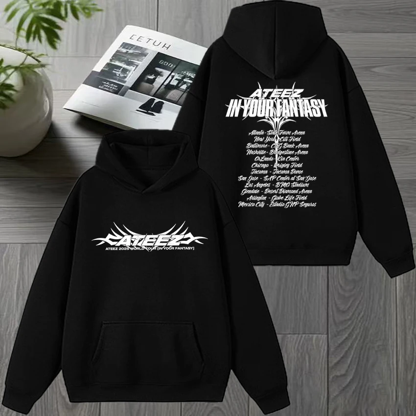

Kpop Korea Ateez 2025 World Tour Double Sided printed Sweatshirt Unisex Trend Y2k black Hoodie Men women Fleece Winter pullovers