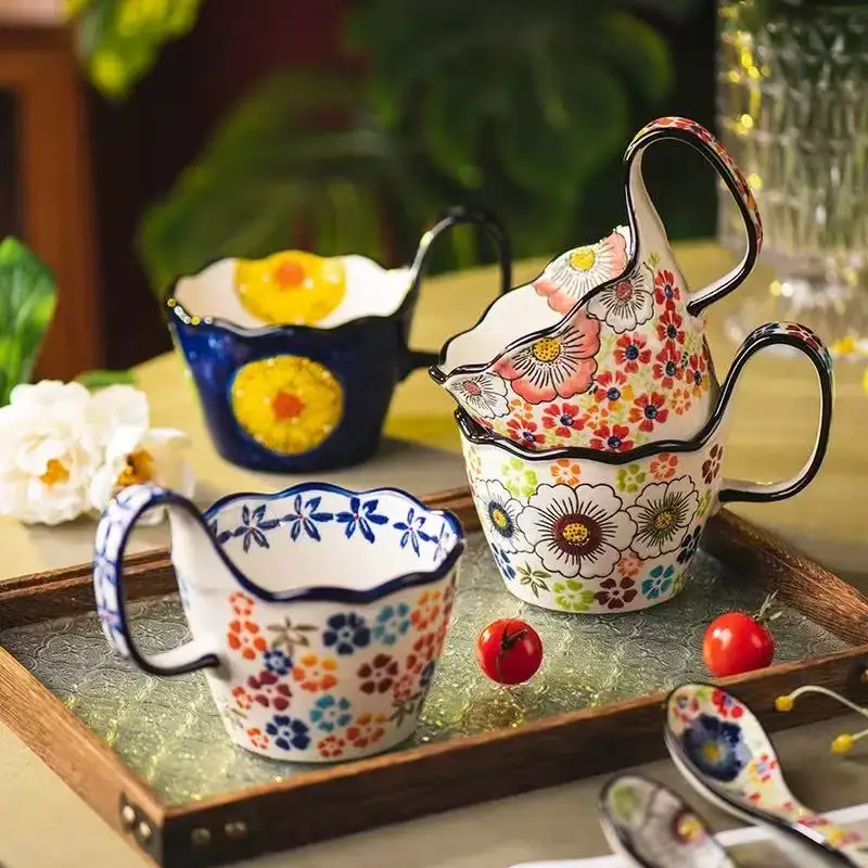 Bohemian hand-painted floral single handle ceramic cup with lace, big belly breakfast cup, vintage oat bowl, milk cup
