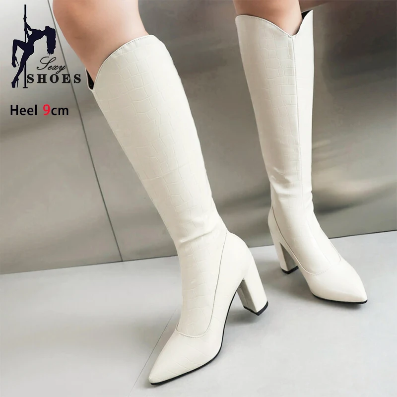 

Fashion Women High Boots Autumn Winter Warm Long Shoes Rear Zip Stone Pattern Chunk Heels White Knee-High Boots Mujer Size 34-43