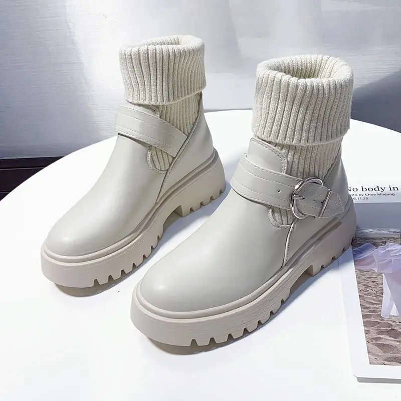 Krótkie buty dla kobiet Chunky Mary Janes Footwear White Booties Lolita Sock Female Ankle Boots Platform Elastic Trend 2024 New In