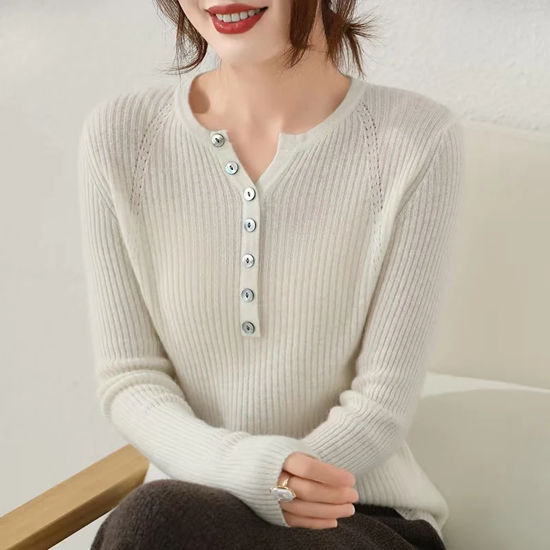 2024 Autumn/Winter New Exquisite Narrow Edge Round Neck/POLO Collar 100 Cashmere Sweater Half Open Knitted Sweater Base