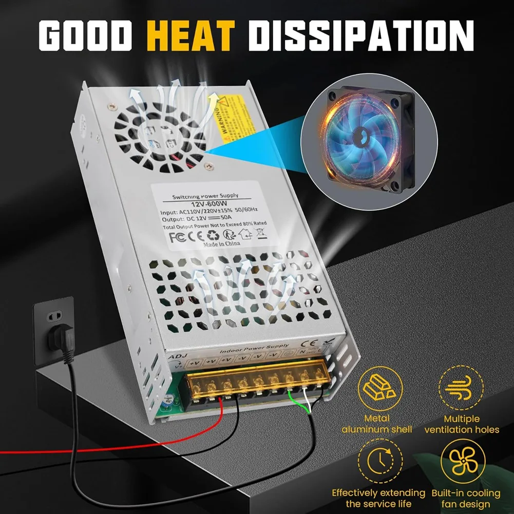AT16 New Version DC 12V 50A 600W Power Supply, 110V AC to 12V DC Converter Transformer Adapter SMPS Switching Power Suppl