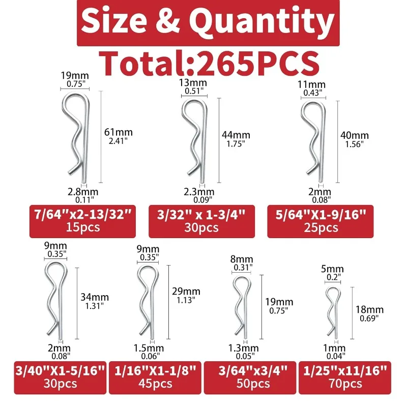 265pcs R Shaped Spring Cotter Pins Fastener Assortment Kit Zinc Plated Steel Hair Pin for Auto Marine Tractors Mower Carts
