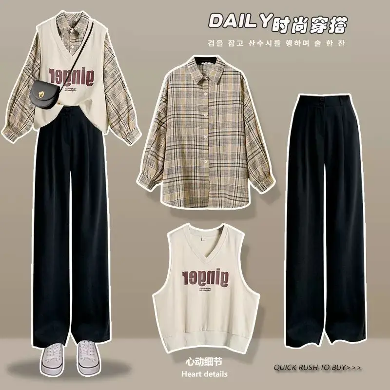 2023 Early Autumn Set Female Student Korean Loose Long Sleeve Checked Shirt+Vest+Wide Leg Pants Three Piece Set Two Piece Sety