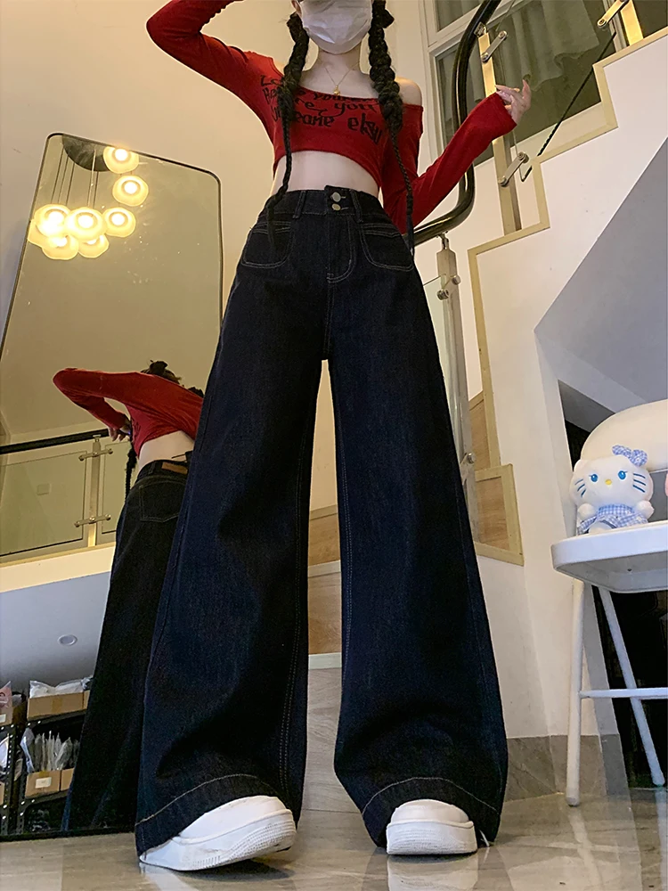 Light Blue High Waist Wide Leg Jeans Women's Autumn New Sle Double Bule Loose Drapey Straight Leg Slimming Floor-Length P...