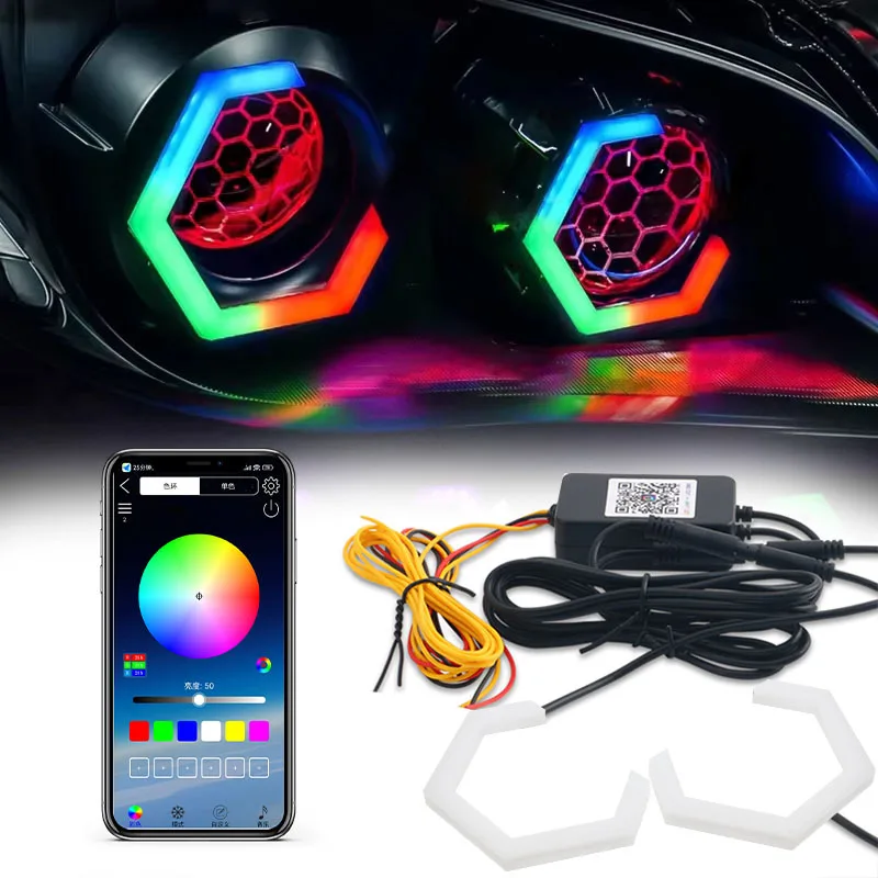 2 in 1 RGB APP Control Hexagon Angel Eyes Halo Rings Retrofit Headlight Car Motorcycle White DRL+Amber Turn Signal Light 9V-30V