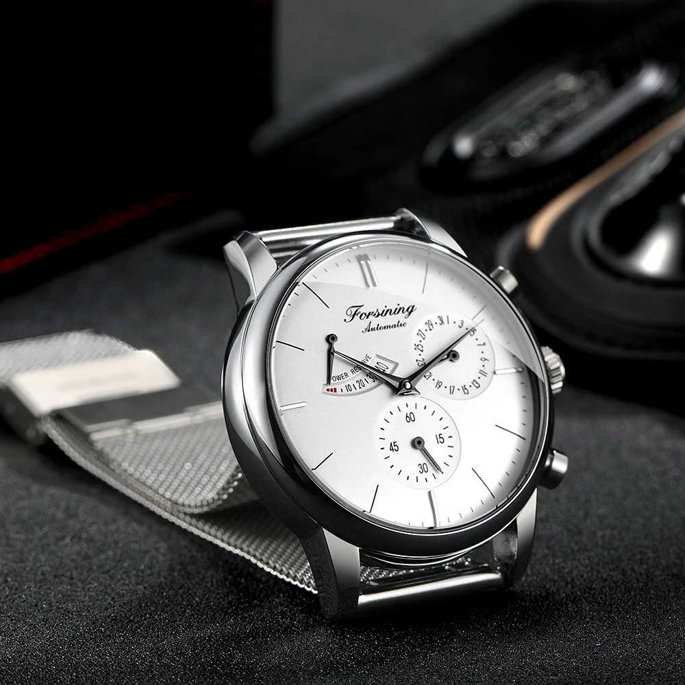 FORSINING Automatic Mechanical Men Watch with Power Reserve Indicator Auto Date Male Casual Business Wristwatch Steel Mesh Strap