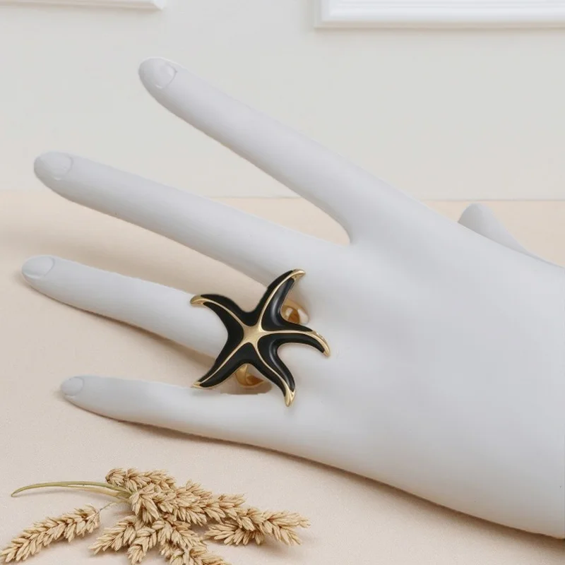 خاتم نجم البحر الفاخر الخفيف، خاتم مفتوح على شكل نجمة خماسية من الفولاذ المقاوم للصدأ للسيدات، خاتم إصبع السبابة غير المنتظم باللون الذهبي البسيط، Mar