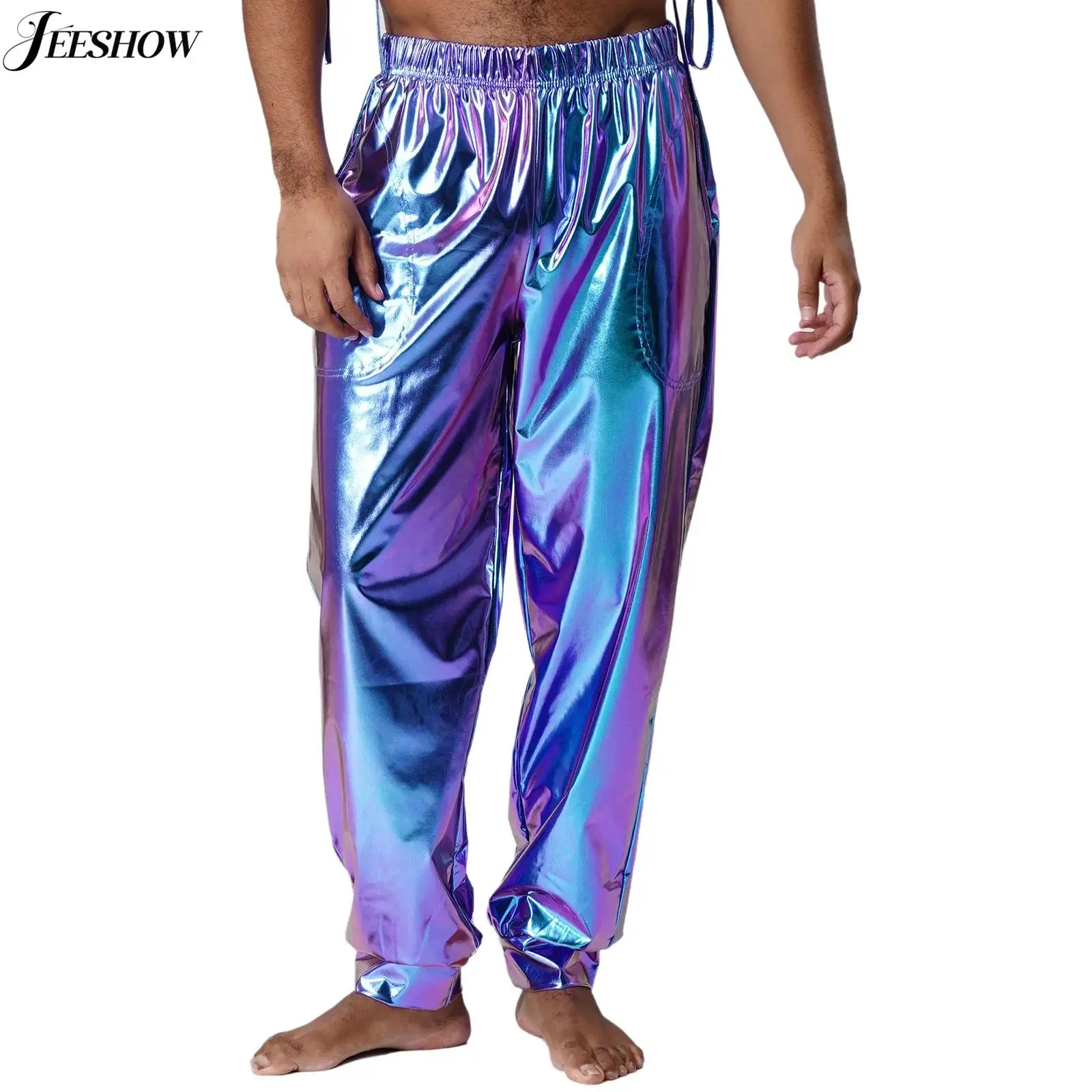

Mens Shiny Metallic Harem Pants Jazz Dance Hip Hop Performance Trousers Holographic Elastic Waistband Loose Jogger Pants