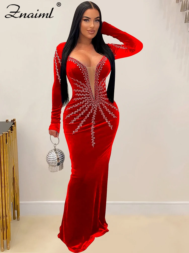 

Znaiml Luxury Celebrity Formal Occasion Mermaid Prom Dresses Women Diamonds Velvet Long Sleeve Evening Birthday Party Vestidos